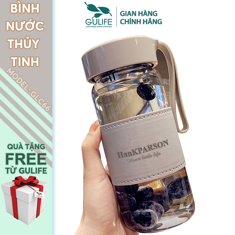 Bình Nước Thủy Tinh Cao Cấp Gulife GLC66 Bọc Da, Chịu Lực, Chịu Nhiệt, Có Dây Đeo Kèm Bộ Lọc Inox 304 Dung Tích 480ML