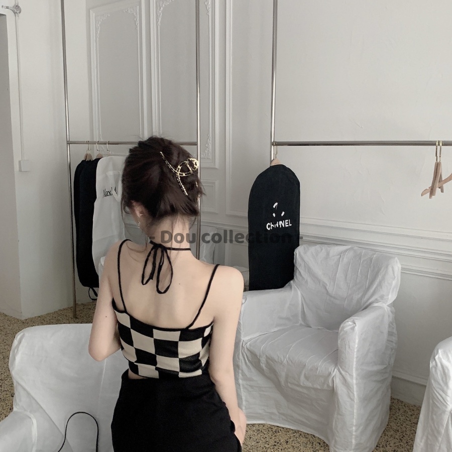 Áo Hai Dây Cổ Yếm Họa Tiết Caro Dáng Croptop Ghép Nối Chất Thun Gân Co Giãn Phong Cách Hàn Quốc - Mã TA022