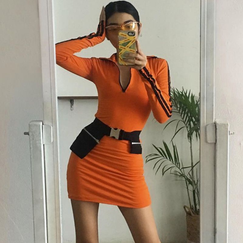 Xiangbao Đầm Ôm Mini Tay Dài Cổ Lọ Màu Sáng Có Dây Kéo Gợi Cảm Cho Nữ