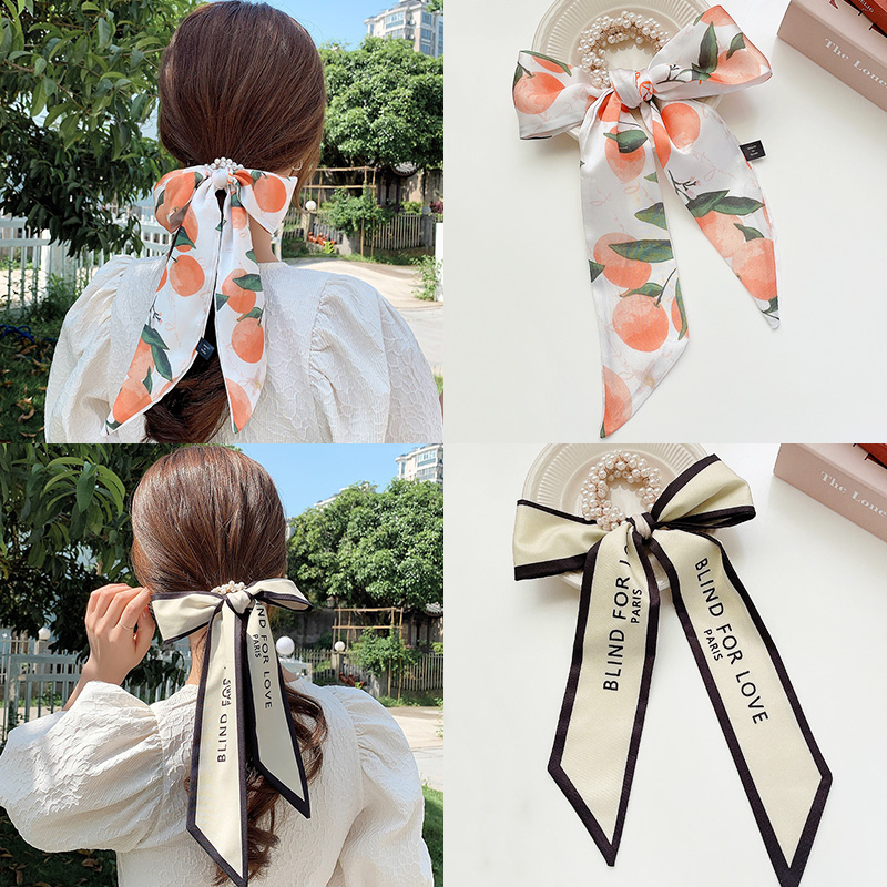 Dây buộc tóc scrunchies thắt nơ phối ngọc trai cho nữ