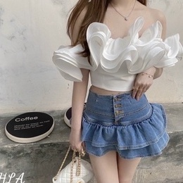 Chân váy jean lưng cao xòe tầng kiểu 3 nút trước cực hot , chất jean mềm mịn co giãn