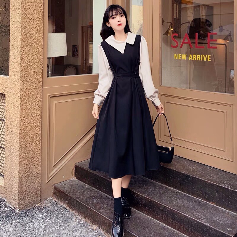 {Order bigsize,M-4xl}Váy dài tay dáng xoè cổ lệch xinh xắn