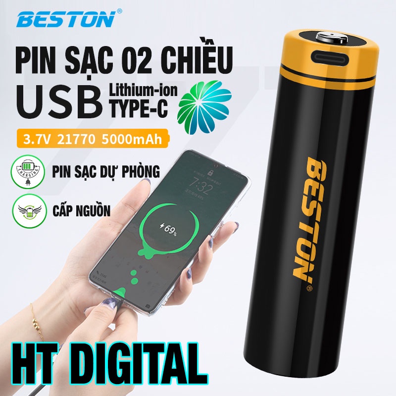 Pin Sac 21770 5000mAh cho đèn pin LED công suất cao Beston dòng xả lớn, pin dự phòng, xe điện, Pin 21770-T50 Type-C