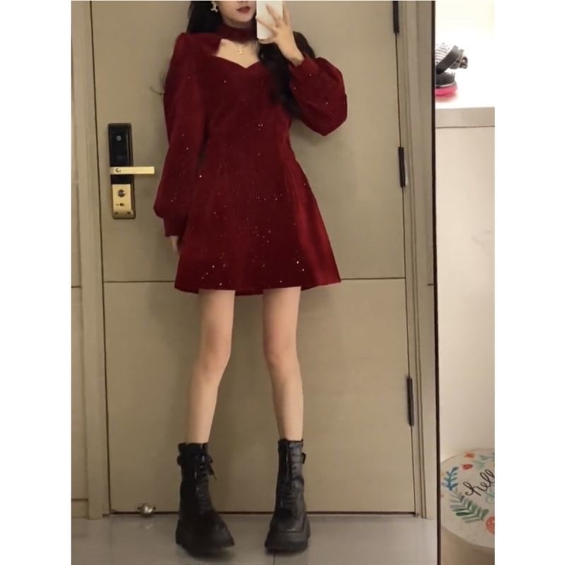 Váy nhung đính kim tuyến thanh lịch dự tiệc hoặc đi chơi tết hoặc noel