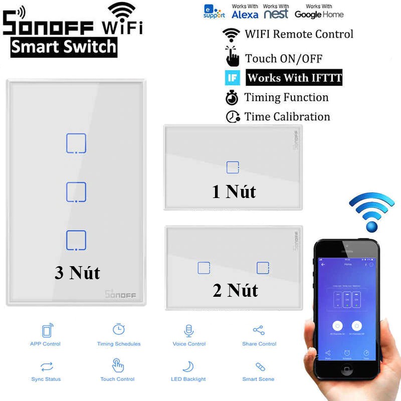 Công Tắc Cảm Ứng Điều Khiển Qua Mạng Wifi Sonoff T2 US (3 Nút)