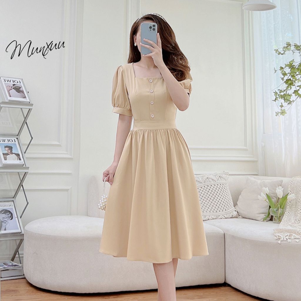 Đầm nữ thiết kế MUNXUU phối cúc kiểu cổ vuông vải tơ mềm mát kiểu dáng thanh lịch - V009