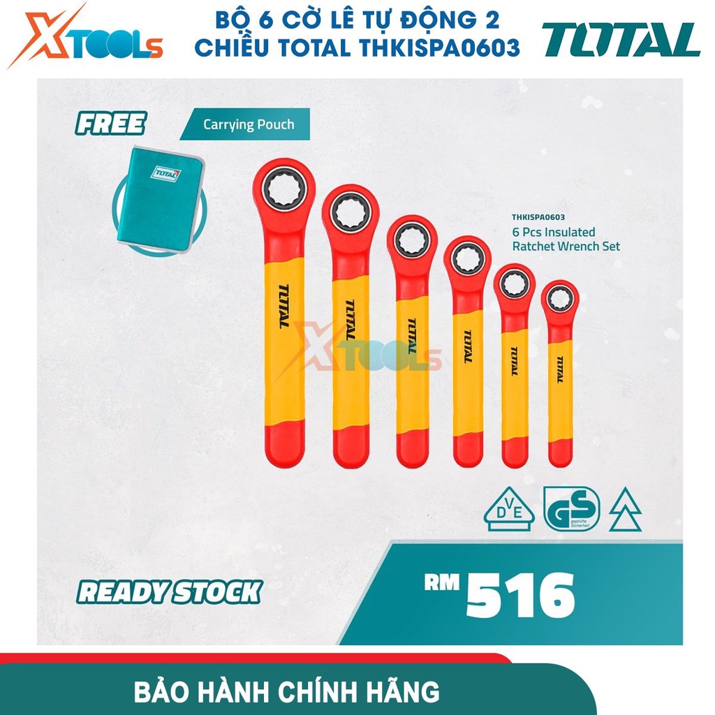 Bộ 6 cờ Lê tự động 2 chiều cách điện 1000V TOTAL THKISPA0603, có Chứng nhận 1000V, VDE/GS, siêu cứng- CHÍNH HÃNG- XTOOLS