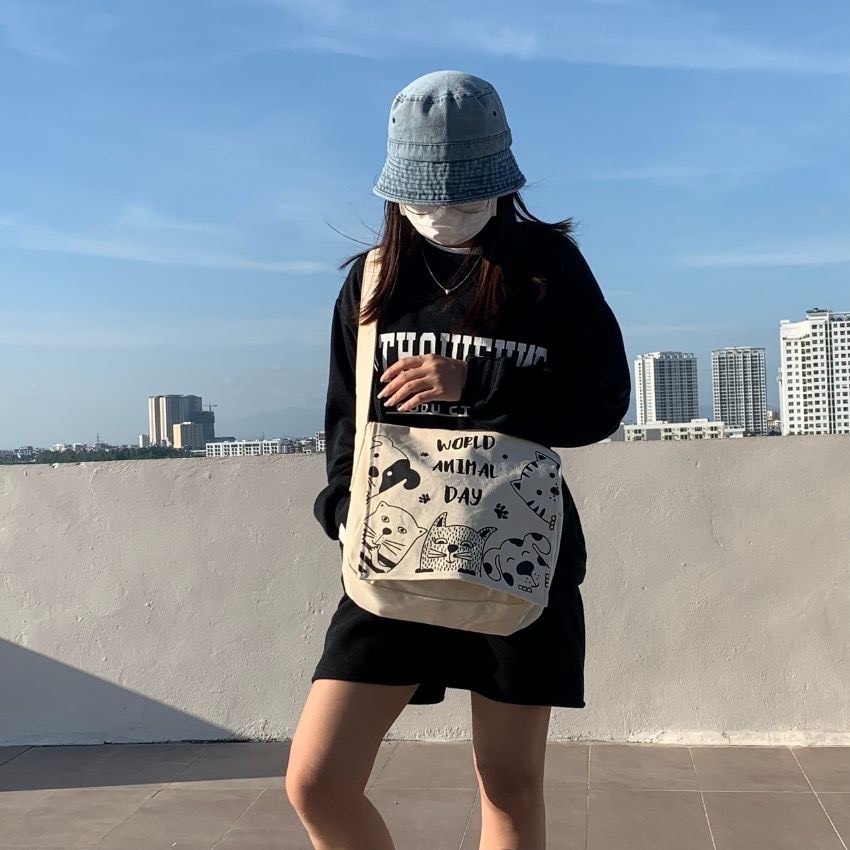 Túi tote vải đeo chéo canvas unisex cao cấp đựng vừa khổ a4 đi học đi chơi Hàn Quốc