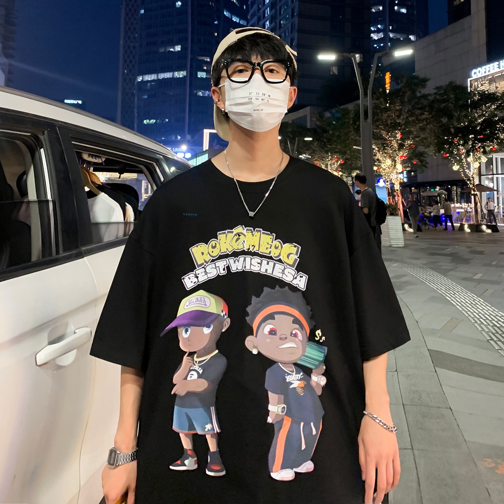 Áo Thun Tay Ngắn Dáng Rộng In Hoạt Hình Kiểu Hồng Kông Thời Trang Mùa Hè Cho Nam