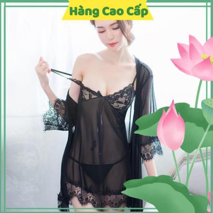 Váy Ngủ Sexy Gợi Cảm Váy Ngủ Ren Hoa Ngực Kèm Áo Choàng Ngủ Quyến Rũ (Màu Đen) | BigBuy360 - bigbuy360.vn