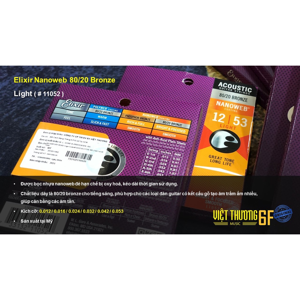 Bộ dây đàn guitar thùng  nhập khẩu chính hãng Elixir