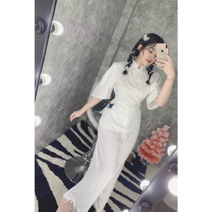 Đồ Lam Nữ Đi Chùa Đính Bớm Kèm Dây Cột Eo
