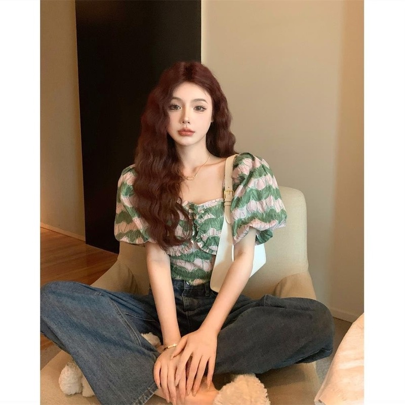 Áo Kiểu Tay Phồng Ngắn Dáng Ôm Thời Trang Mùa Hè Retro Mới Cho Nữ