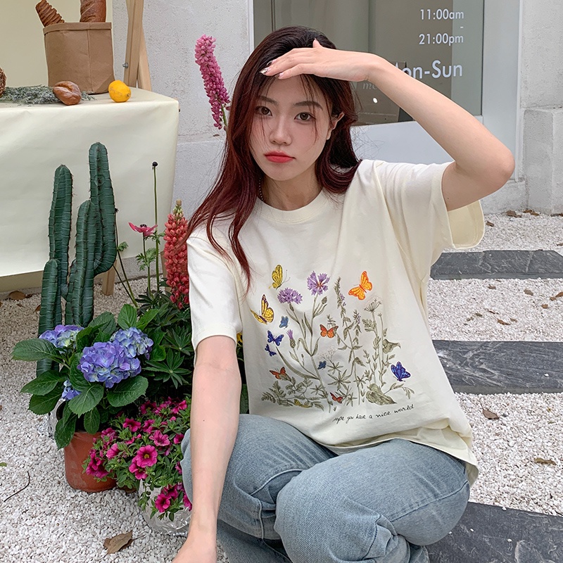 Áo thun SUXI cotton tay ngắn cổ tròn in họa tiết hoa phong cách Hàn Quốc trẻ trung cho nữ