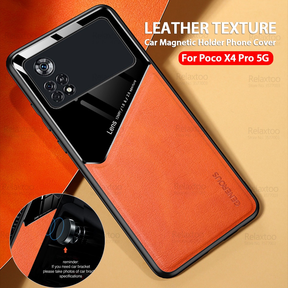 For Xiaomi Poco X4 Pro Case Leather Car Magnetic Holder Cover PocoX4Pro 5G Pocox4 X 4 Pocco X4Pro Shockproof Acrylic Back Fundas