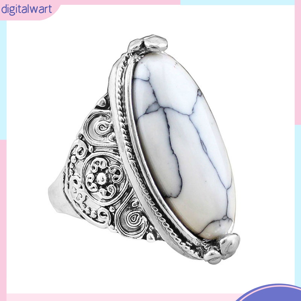 Nhẫn Mạ Bạc Chạm Khắc Đính Đá Ngọc Lam Hình Oval Phong Cách Boho Cổ Điển