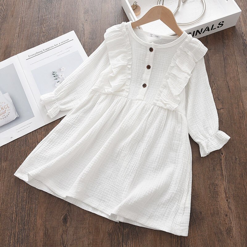 Đầm công chúa BEAR LEADER bằng cotton tay dài màu trơn phong cách xuân thu cho bé gái