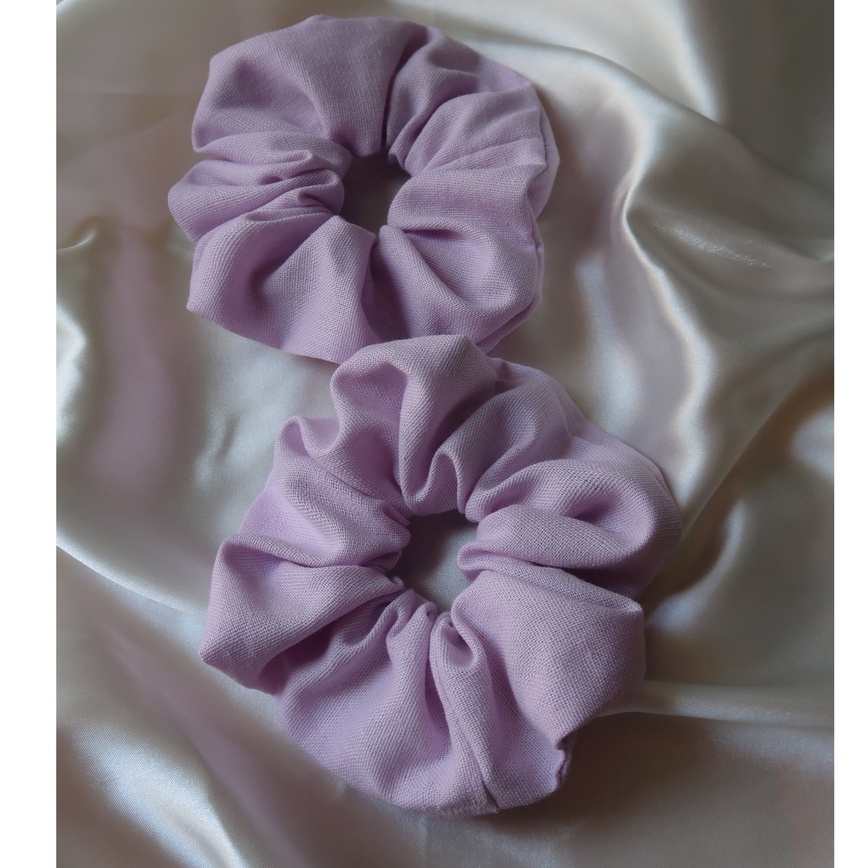 Set 2 dây cột tóc/scrunchies màu tím pastel siêu phồng cho bạn nữ bằng vải linen sợi tự nhiên