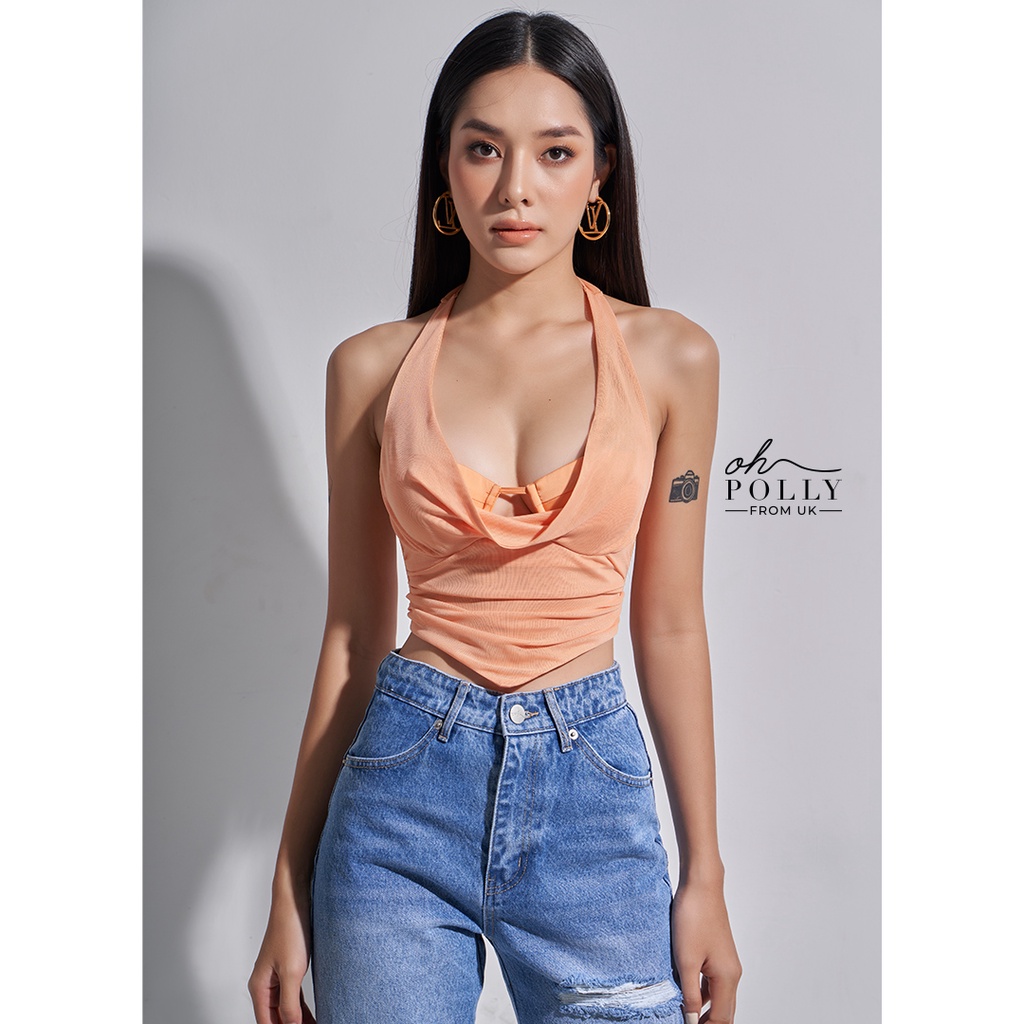 Oh Polly - Áo croptop khoét ngực, cổ yếm corset ôm body