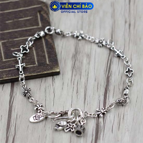 Lắc tay bạc nam Chrome Heart nhỏ mix charm chất liệu bạc Thái S925 trẻ trung Viễn Chí Bảo L100214