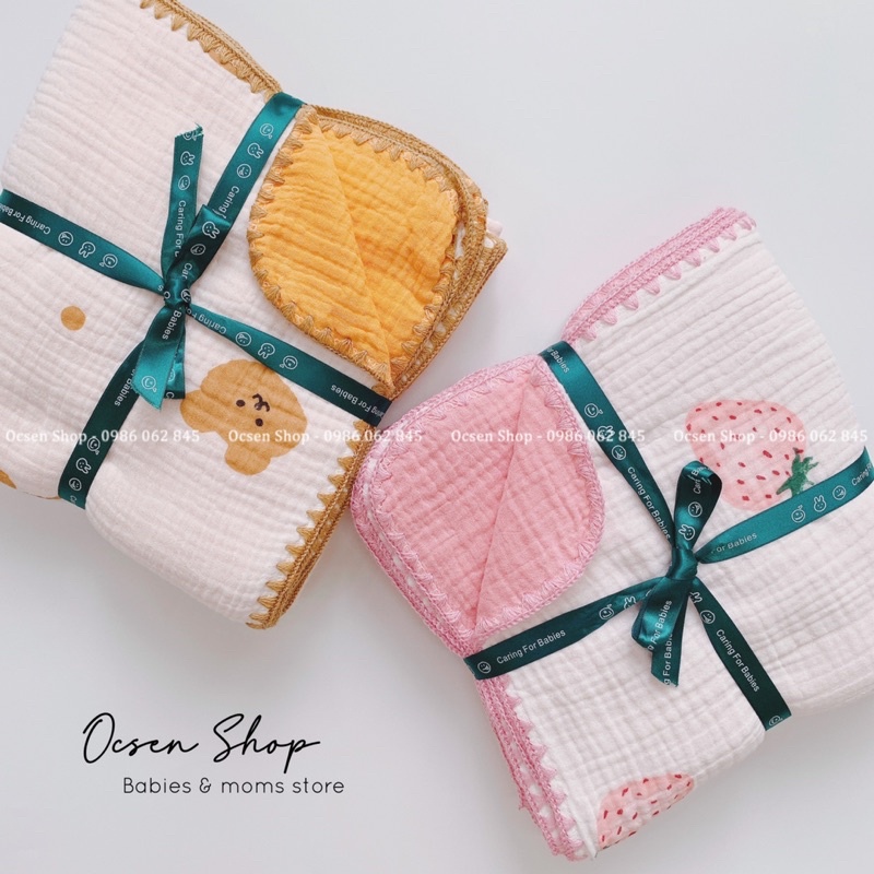 Chăn,mềm đắp xô 6 lớp Muslin thêu viền,dùng hai mặt hoạ tiết và màu,mềm mịn,phù hợp 4 mùa trong năm trên 3 miền tổ quốc