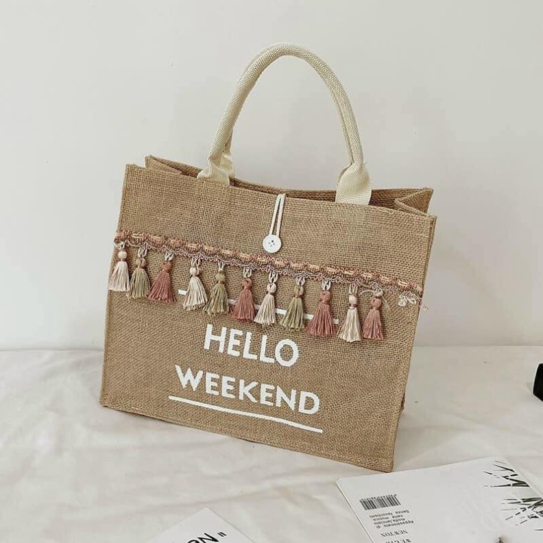 (trangsi) Túi cói hello weekend tua rua siêu đẹp, túi cói đi biển, túi du