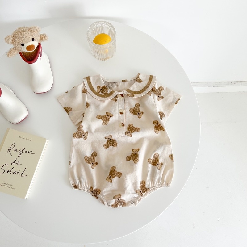 Bộ Áo Liền Quần Ngắn Tay Bằng Vải Cotton In Họa Tiết Dễ Thương Dành Cho Bé Trai Gái Sơ Sinh