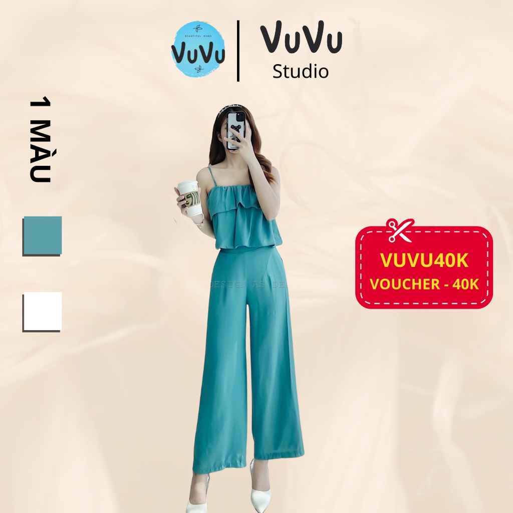 Set Bộ Thời Trang Nữ Áo 2 Dây Bèo Tầng Mix Quần Ống Xuông - 2 Màu Trắng Xanh Basic - Đủ Size S M L Theo Form Chị Em