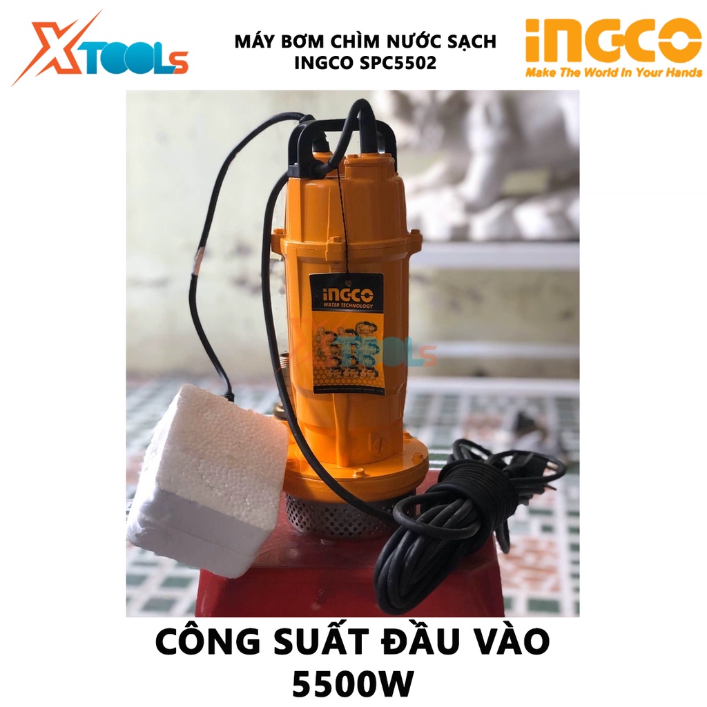 Máy bơm chìm nước sạch INGCO SPC5502 máy bơm mini Điện áp 220-240V ~ 50Hz, Công suất đầu vào 550W(0.75HP) Chiều cao bơm