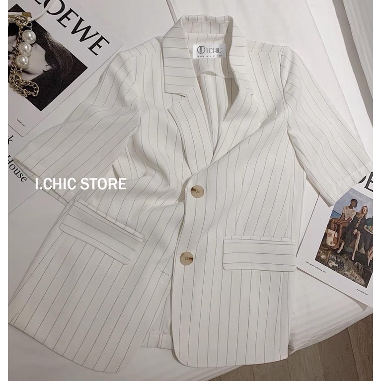 Áo blazer kẻ sọc cộc tay phong cách Hàn Quốc (hình thật/sẵn)