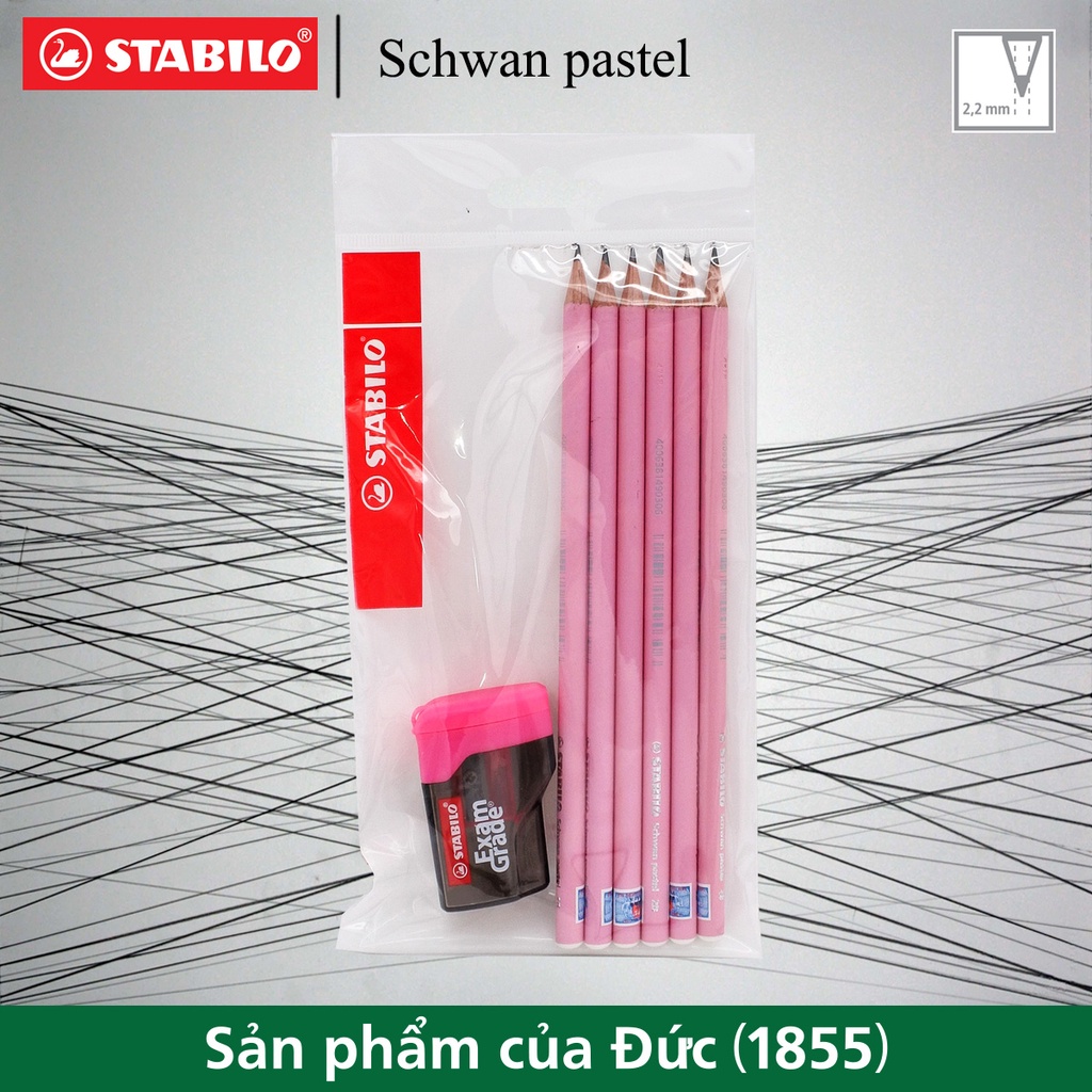 Combo 6 bút chì thân gỗ STABILO Schwan Pastel 421 2B + chuốt chì PS4538 – Màu hồng pastel (Pastel Pink)