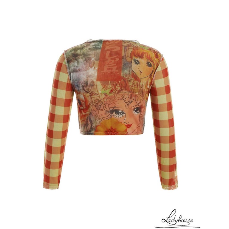 Áo croptop tay dài cổ tròn dáng ôm in họa tiết hoạt hình thời trang cho nữ