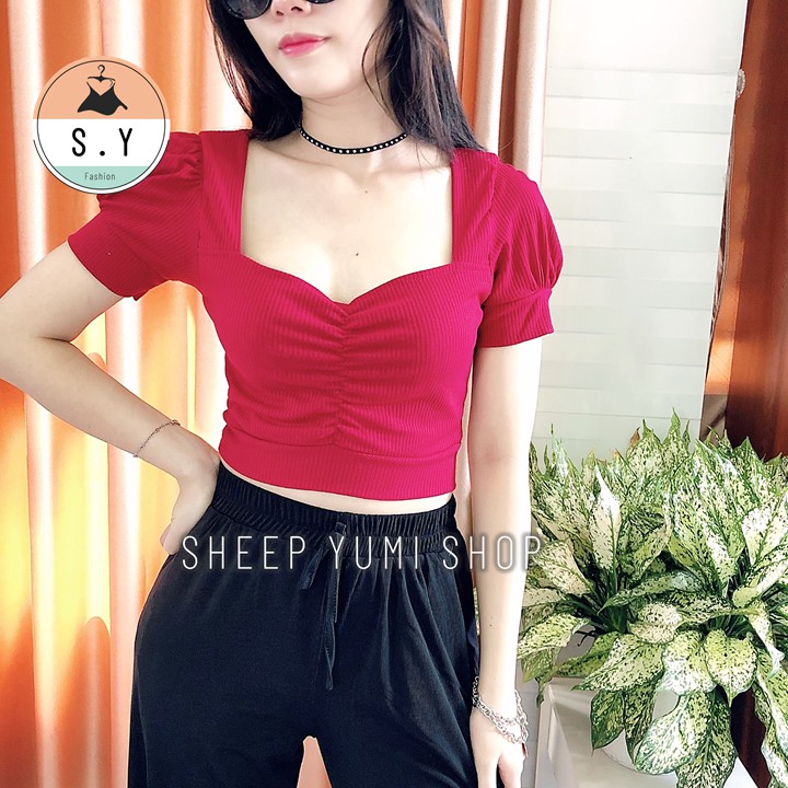 Áo Thun Croptop Cổ Vuông Nhún Ngực Tay Phồng SHEEP YUMI SHOP AC07