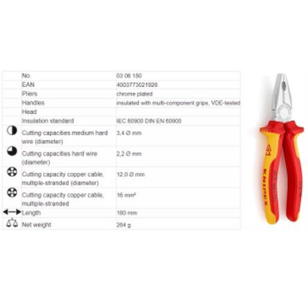 Kìm Knipex Đa Năng 60 HRC 1000 Volt -  03 06 180 / 03 06 200_G7tools Hà Nội