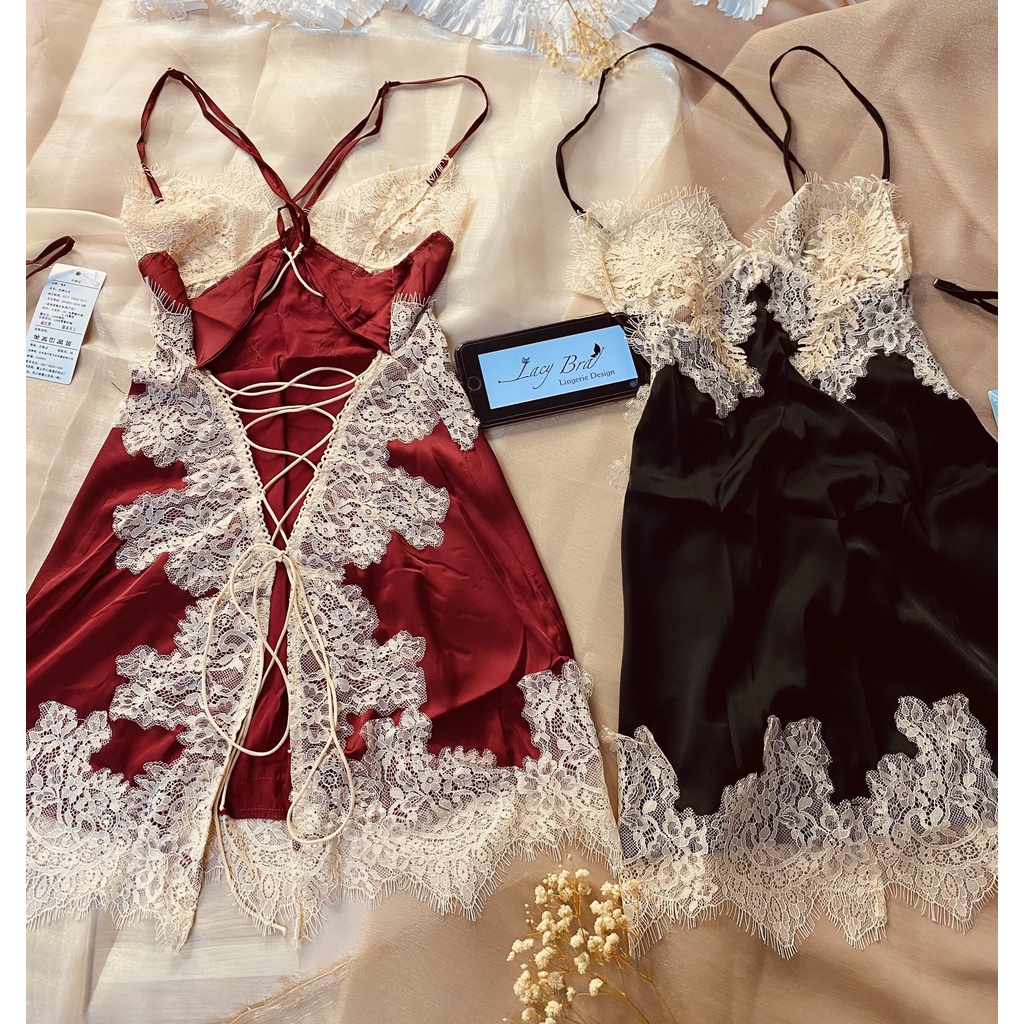 Váy Ngủ Lụa Satin Mềm Phối Ren Sexy Dây Đan Chéo Lưng Gợi Cảm Lacy Bra - V1