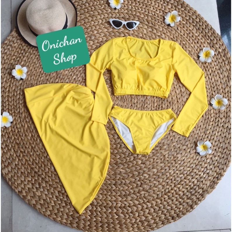 Set Bikini 3 Món Tay Dài Váy Xoắn Eo, Bộ Đồ Bơi 2 Mảnh Đi Biển Ba Màu - OS093