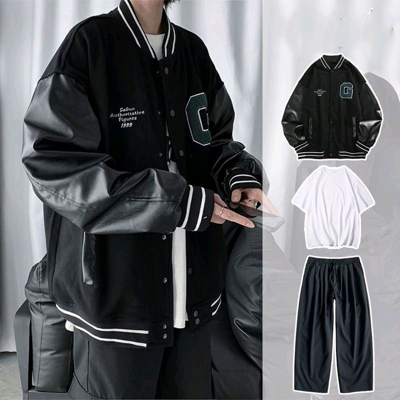 SẴN SET ÁO KHOÁC BÓNG CHÀY PHỐI TAY DA + QUẦN THUN ĐEN ỐNG SUÔNG + ÁO PHÔNG TRẮNG