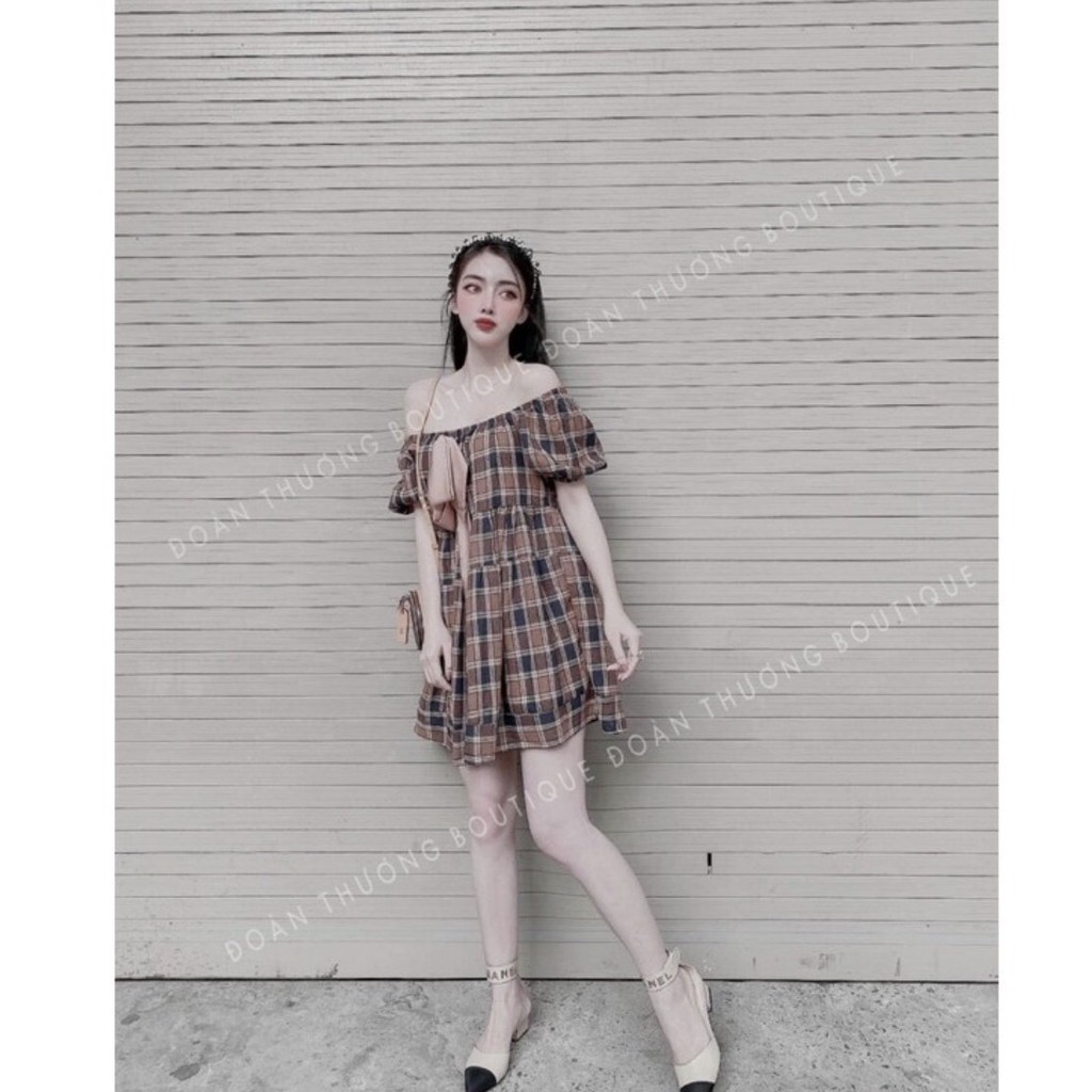 Váy kẻ caro xinh xắn💖FREESHIP💖 đầm trễ vai tiểu thư AD94 | BigBuy360 - bigbuy360.vn