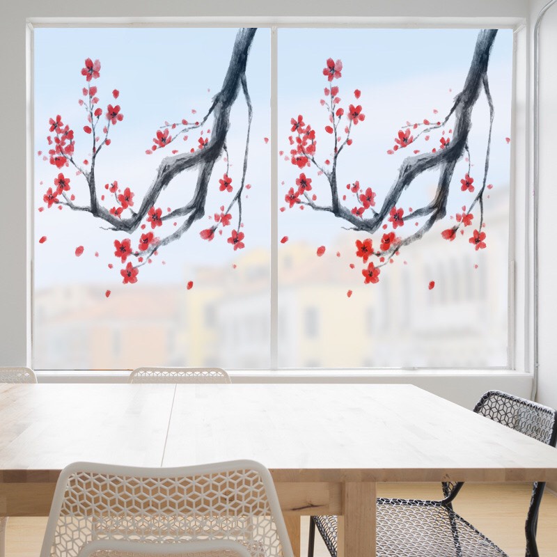 Decal dán kinh Cao Cấp - Cành hoa đỏ rực ( 60x58cm)