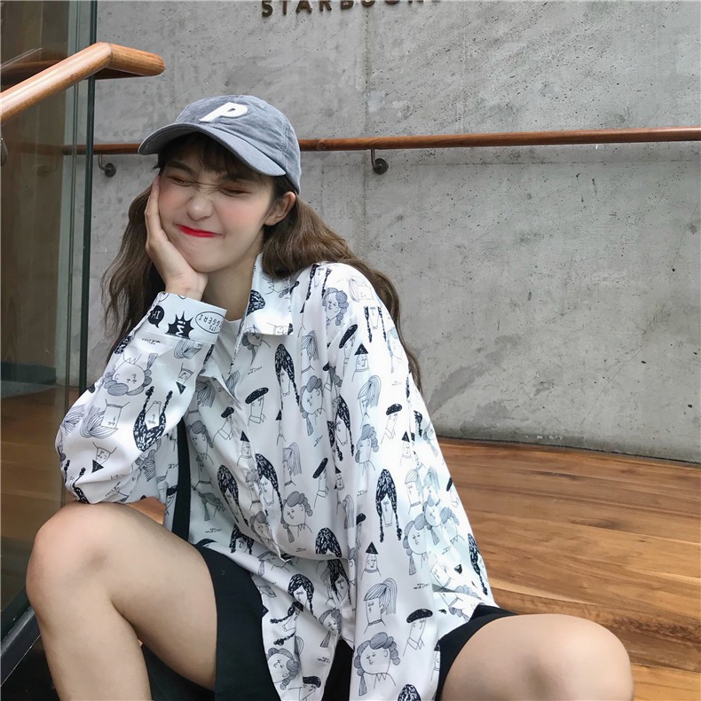 LEEVA - Áo sơ mi họa tiết nữ dài tay in hình năng động: GIRL