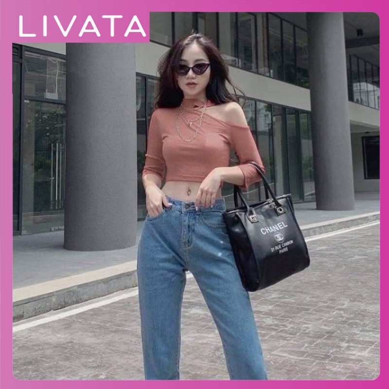 Áo thun croptop nữ tay dài hở vai LIVATA M104