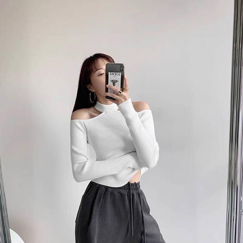 Áo thun kiểu croptop tay dài phối dây hở hai bên vai sexy