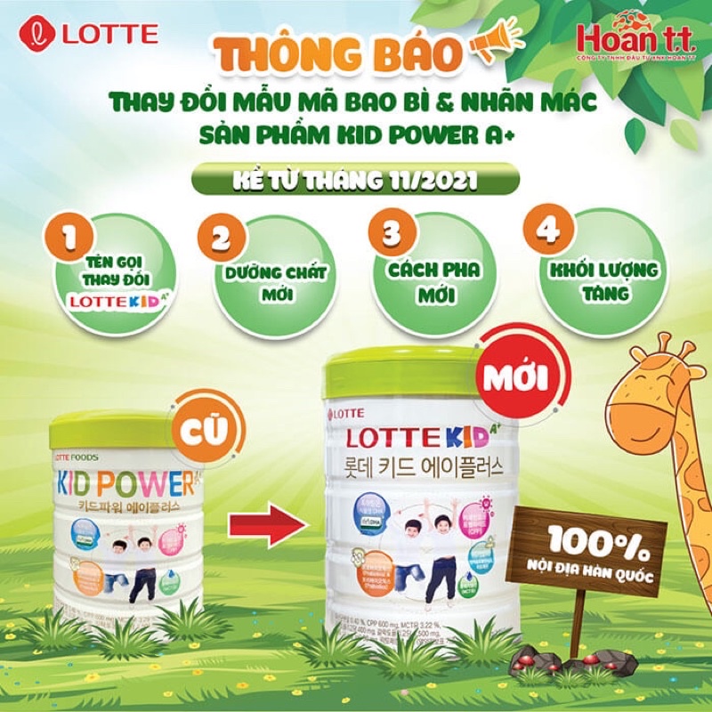 [MẪU MỚI] [DATE 11/2023] Sữa KID POWER A+ (Lotte Kid A+) (Hàn Quốc) hộp 760g giúp bé tăng chiều cao vượt trội