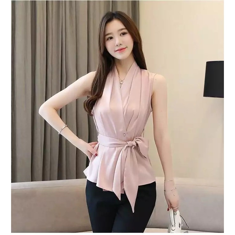 Áo Sơ Mi Công Sở Kiểu Tay Sát Nách Cột Dây Eo - Korean Impress Shop