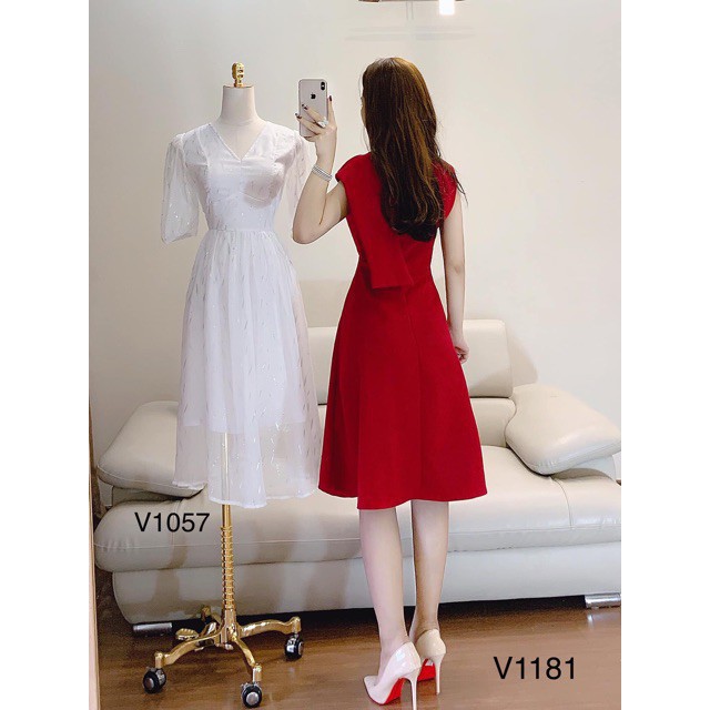 [ xả kho ] MiD Đầm xòe sát nách chéo vai phối khuy V1181 Mie Design kèm ảnh thật