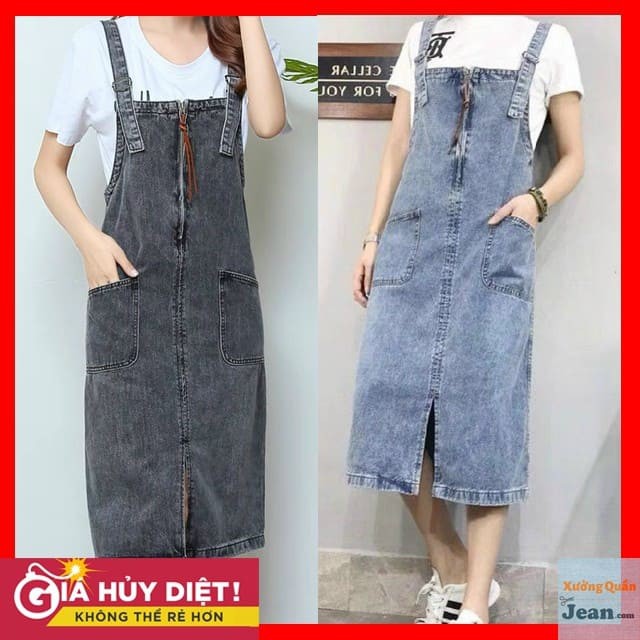 Yếm váy jeans dáng dài thời trang Ulzzang.Yếm váy khóa trước phối 2 túi cao cấp cá tính phong cách Hàn trẻ trung .