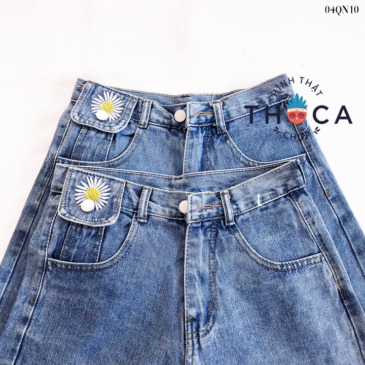 Quần jeans ngố nấp thêu hoa cúc xanh THOCA HOUSE xinh xắn, vải dày dặn, mát mẻ ngày hè