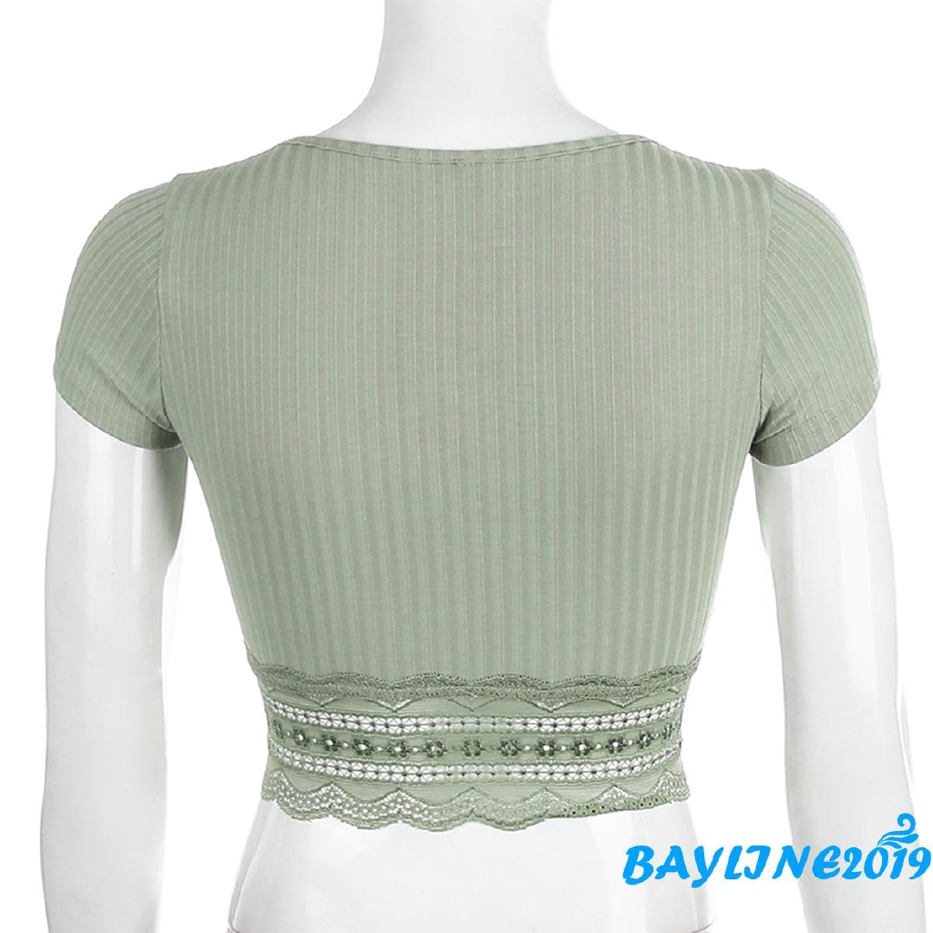 Áo Croptop Tay Ngắn Phối Ren Hoa Thiết Kế Quyến Rũ Cho Nữ