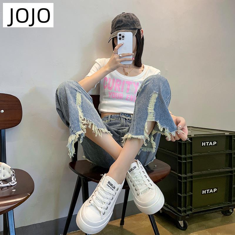 Quần Jeans Nữ Lưng Cao Dáng Rộng Rách Gối Cá Tính