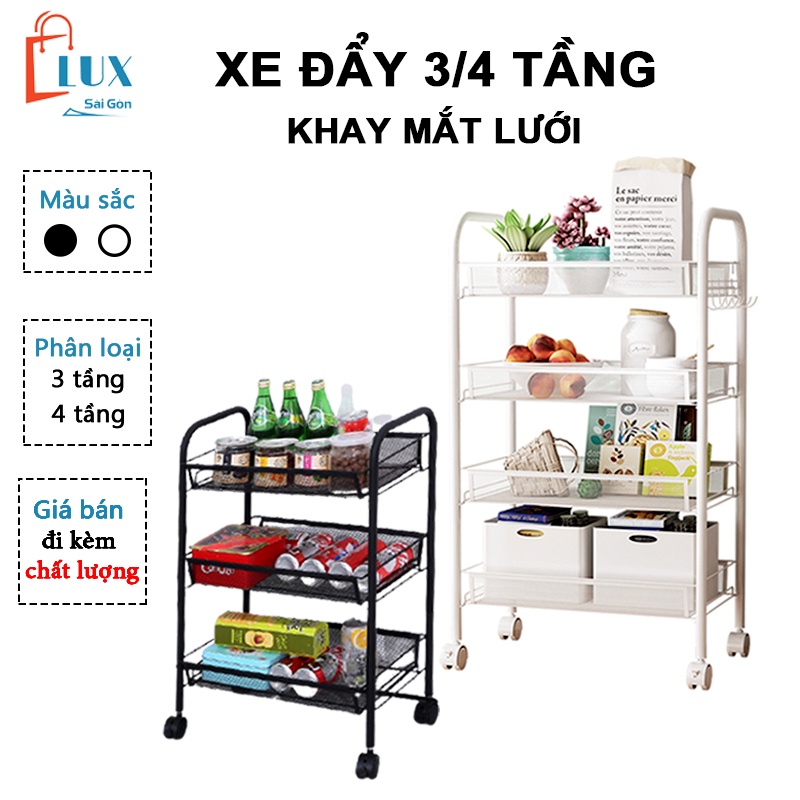 Kệ đẩy 4 tầng khay mắt lưới, Xe đẩy spa 3/4 tầng sắt dày có 4 bánh xe cho phòng khách phòng ngủ